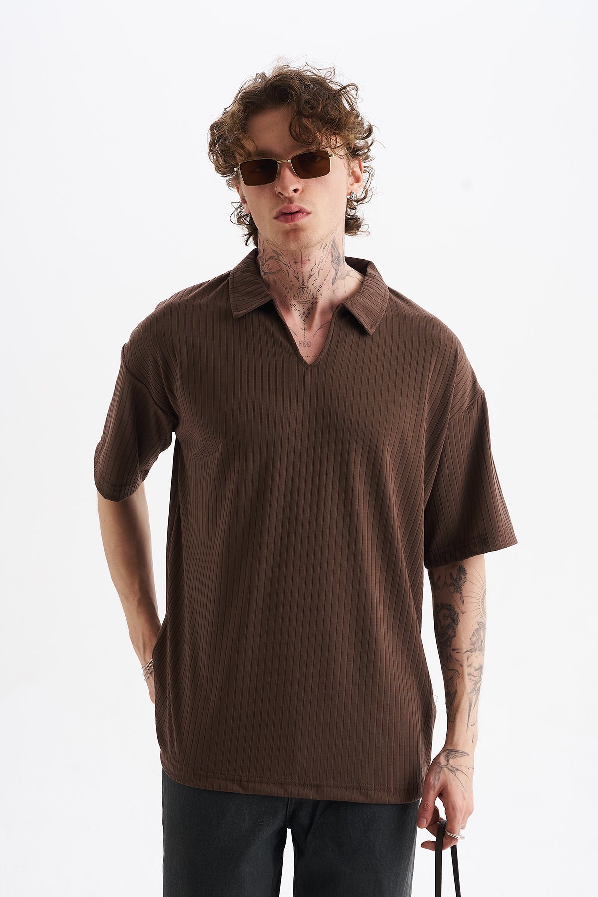 Kalın Örgülü Fitilli Kumaş, Erkek Armut Polo Yaka Tişört, Men's Polo Neck T-Shirt | Renk: Kahverengi