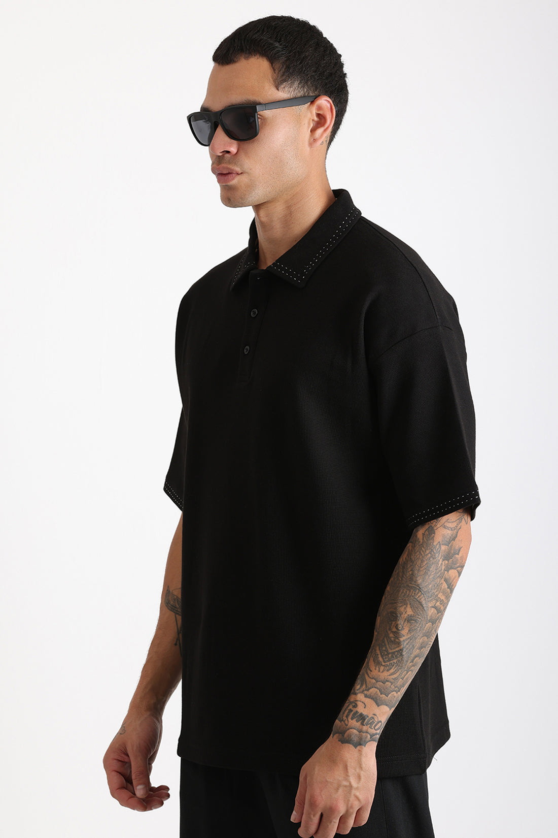 Yaka ve Kol Dikiş Detaylı Double Pike Kumaş Loose Fit Erkek Polo Yaka Tişört