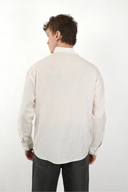 Keten Görünümlü %100 Pamuk Rahat Kalıp Düşük Omuz Erkek Sade Gömlek, Men's Plain Shirt | Renk: Ekru