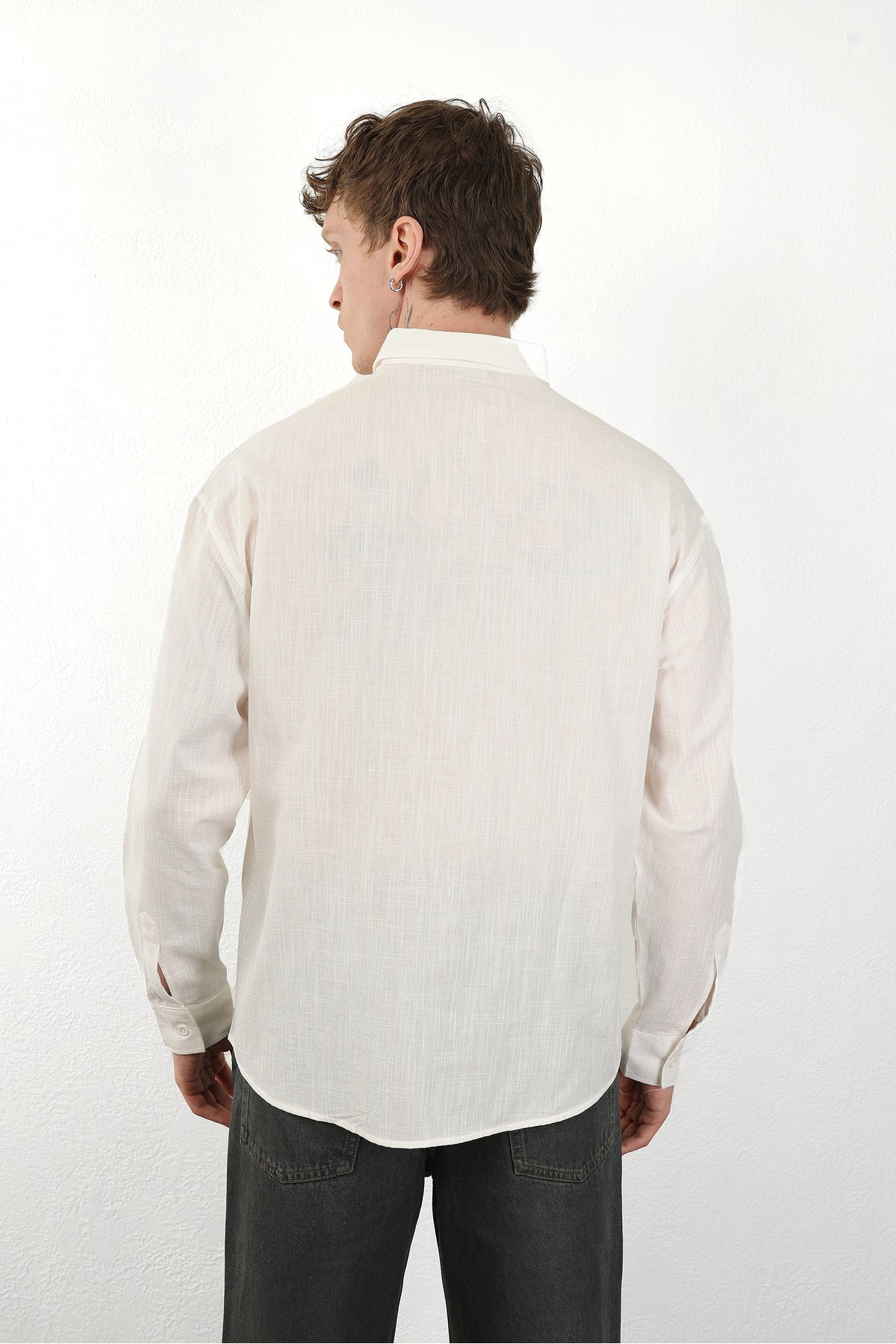 Keten Görünümlü %100 Pamuk Rahat Kalıp Düşük Omuz Erkek Sade Gömlek, Men's Plain Shirt | Renk: Ekru