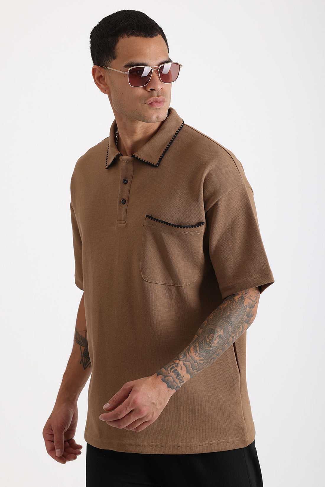 Yaka ve Cep Çoban Dikiş Detaylı Double Pike Kumaş Loose Fit Erkek Polo Yaka Tişört