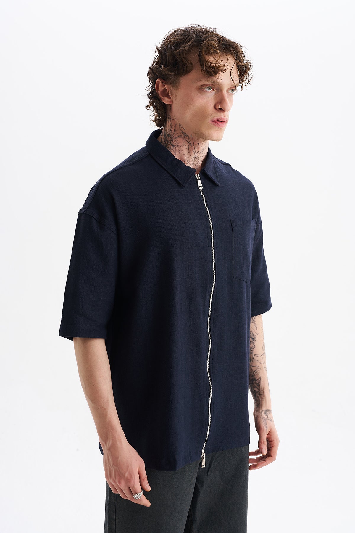 Keten Karışımlı, Rahat Kalıp, Düşük Omuz, Erkek Fermuar Kapamalı Sade Gömlek, Men's Plain Shirt | Renk: Lacivert