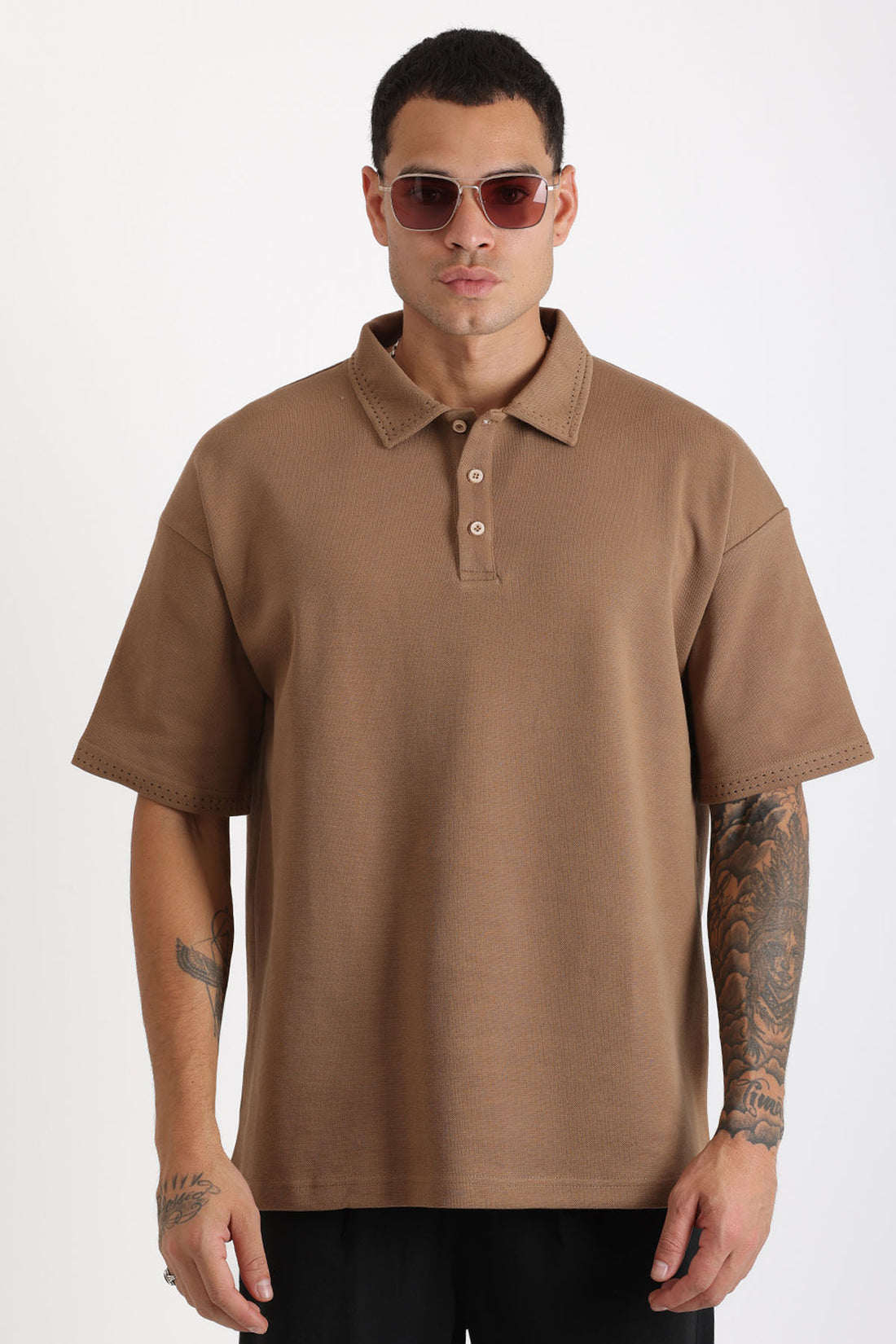 Yaka ve Kol Dikiş Detaylı Double Pike Kumaş Loose Fit Erkek Polo Yaka Tişört