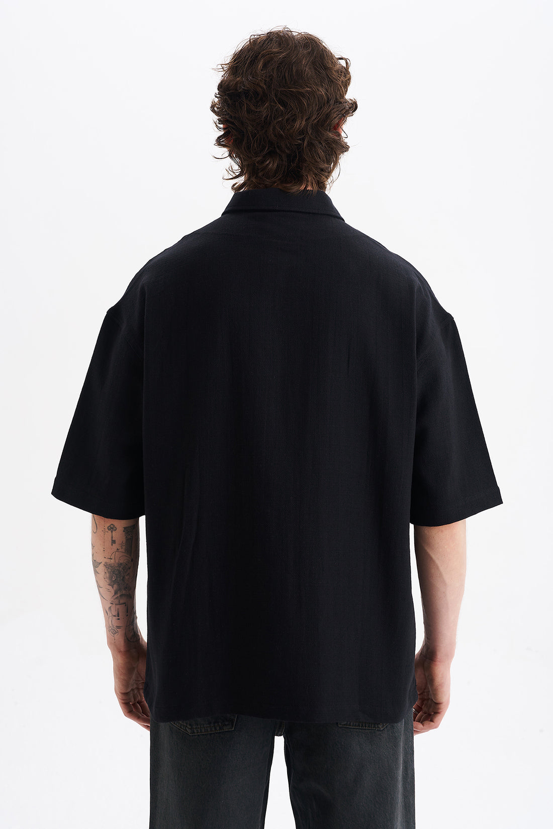 Keten Karışımlı, Rahat Kalıp, Düşük Omuz, Erkek Fermuar Kapamalı Sade Gömlek, Men's Plain Shirt