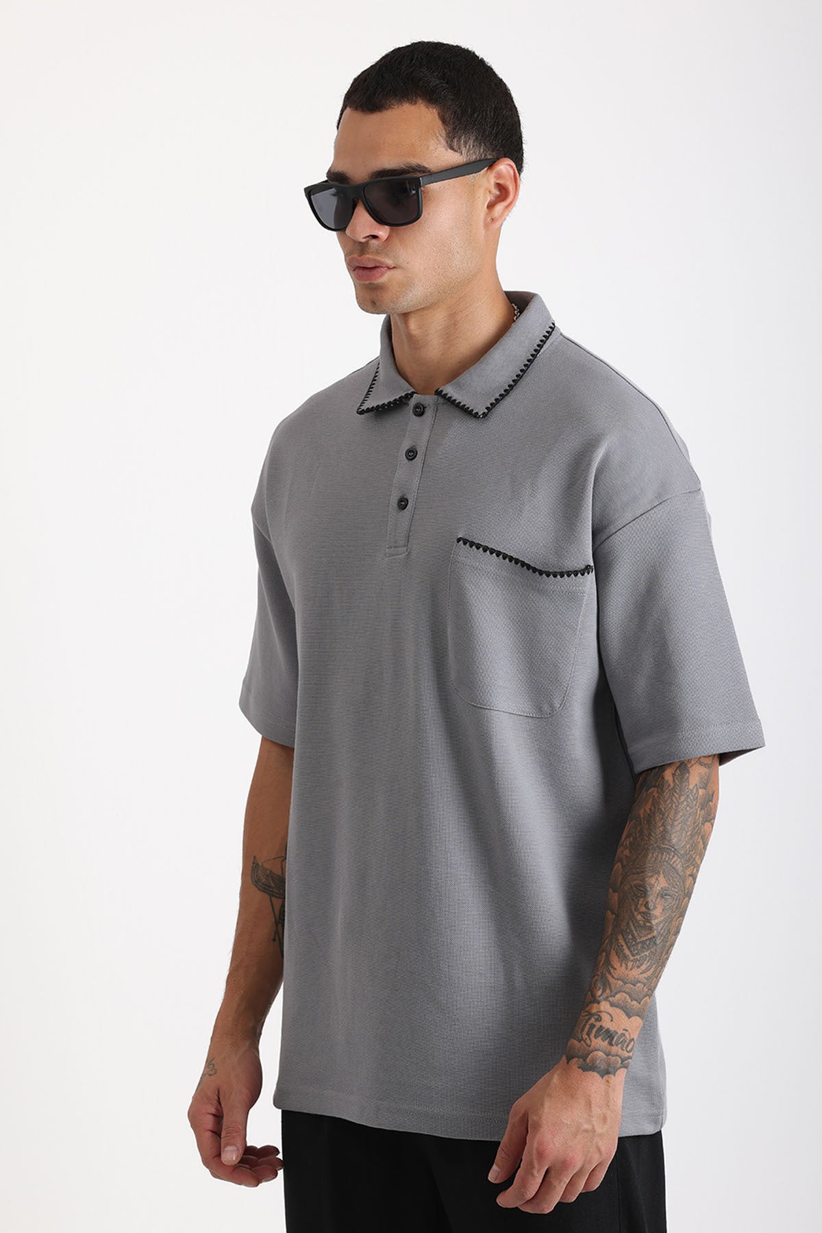 Yaka ve Cep Çoban Dikiş Detaylı Double Pike Kumaş Loose Fit Erkek Polo Yaka Tişört | Renk: Gri