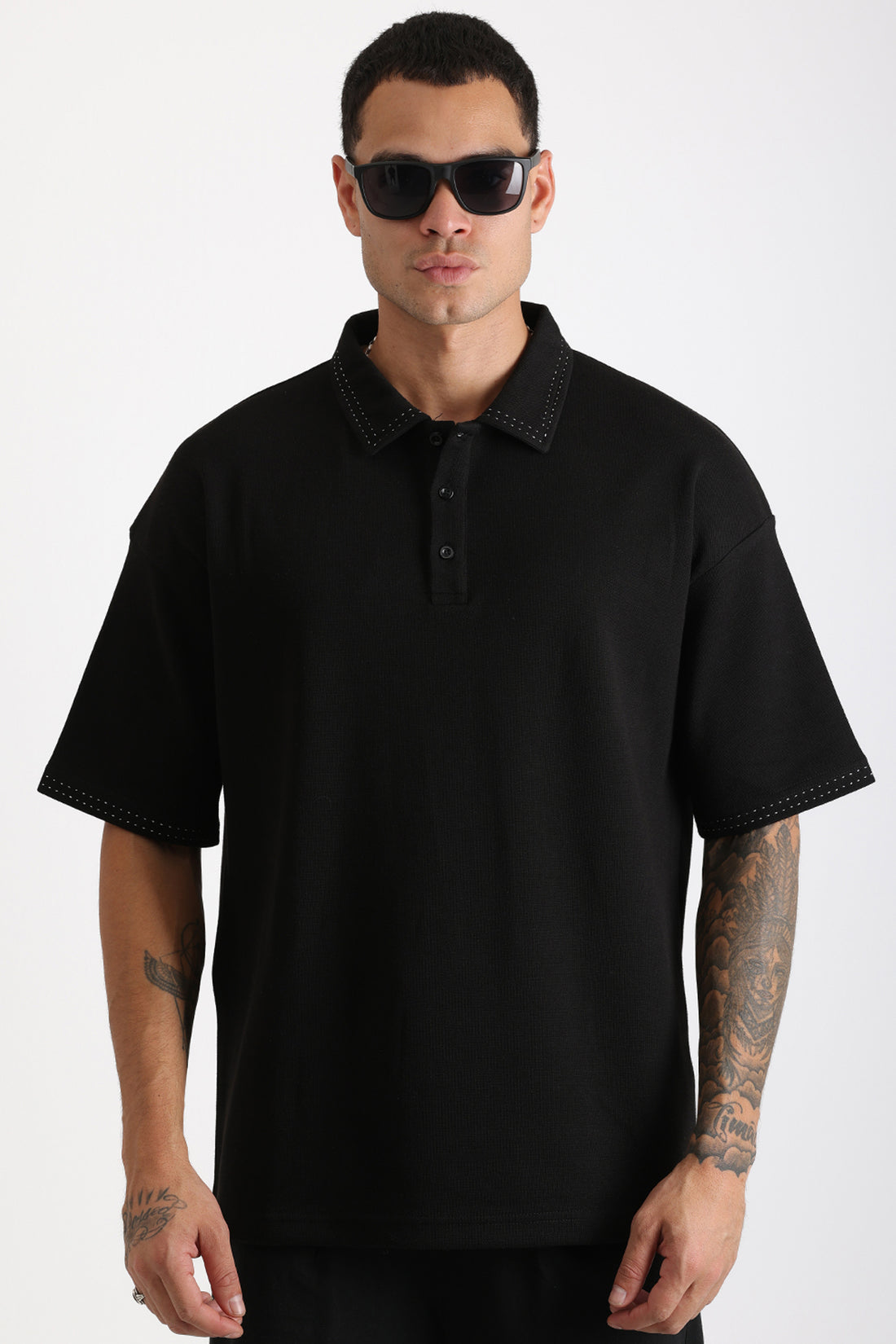 Yaka ve Kol Dikiş Detaylı Double Pike Kumaş Loose Fit Erkek Polo Yaka Tişört