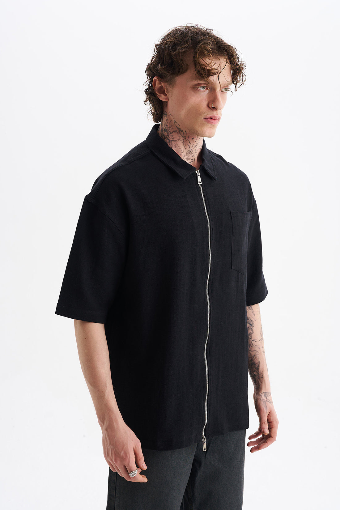 Keten Karışımlı, Rahat Kalıp, Düşük Omuz, Erkek Fermuar Kapamalı Sade Gömlek, Men's Plain Shirt