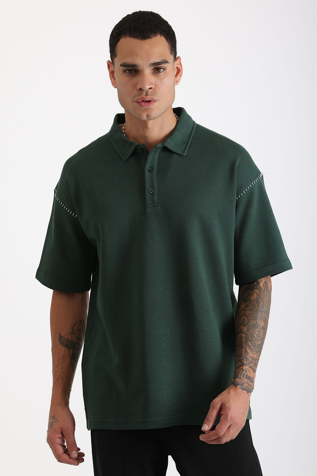 Omuz Çoban Dikiş Detaylı Double Pike Kumaş Loose Fit Erkek Polo Yaka Tişört