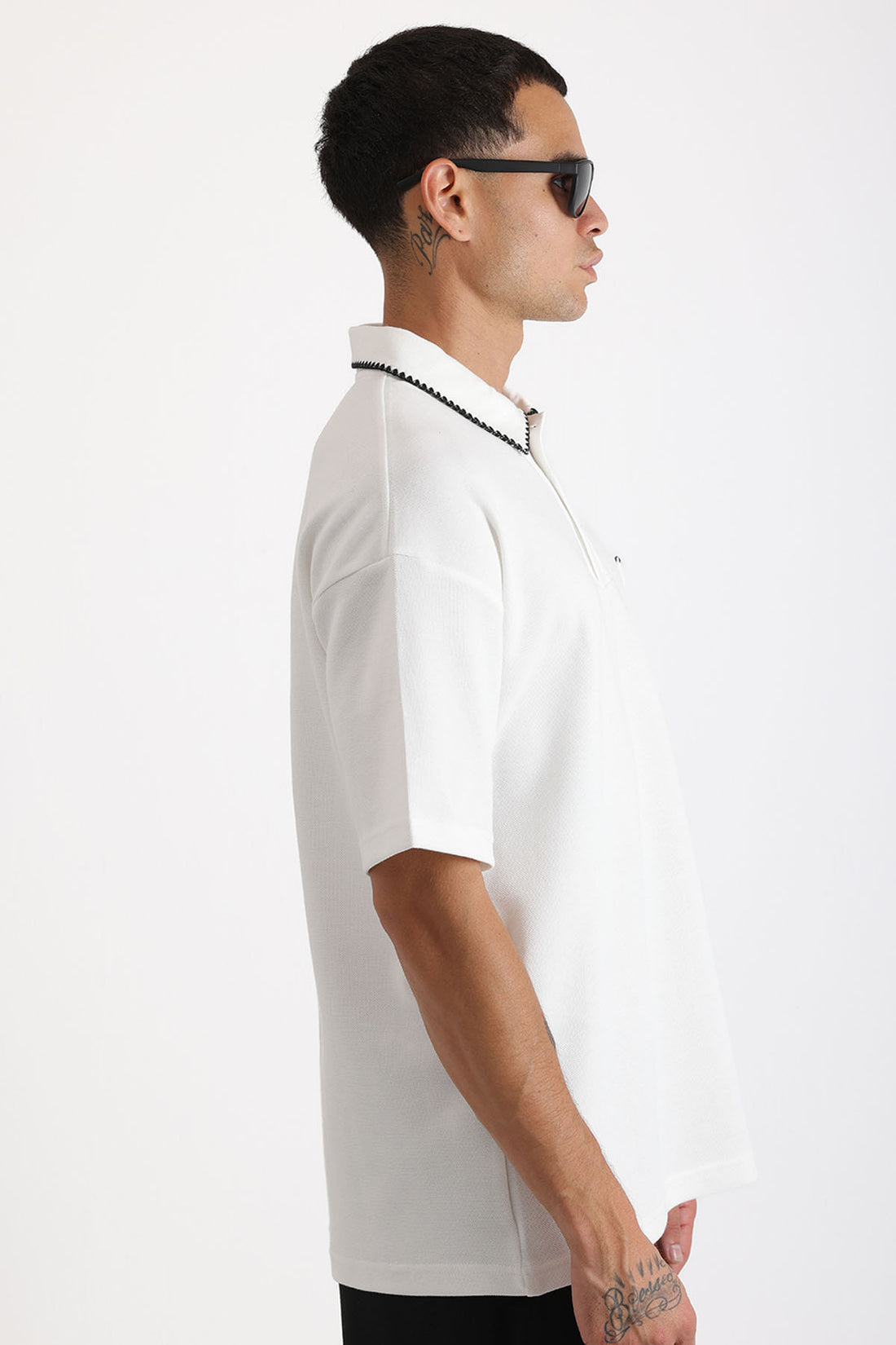 Yaka ve Cep Çoban Dikiş Detaylı Double Pike Kumaş Loose Fit Erkek Polo Yaka Tişört