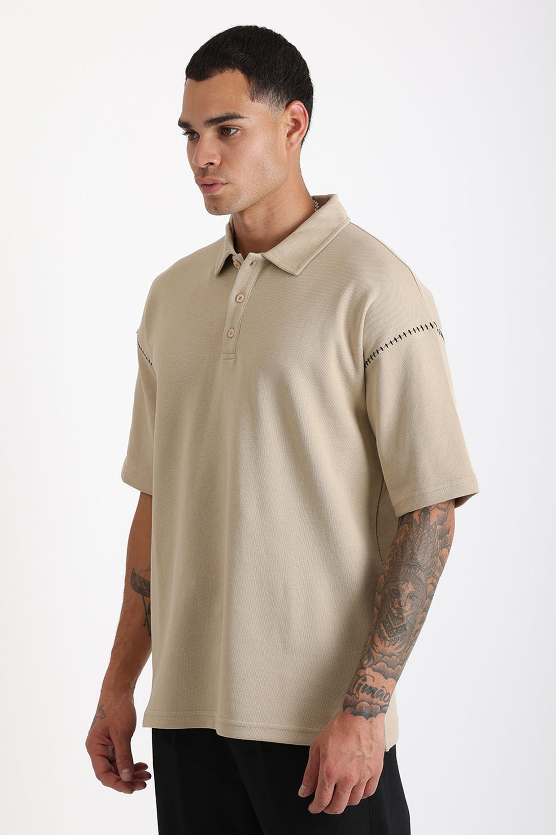 Omuz Çoban Dikiş Detaylı Double Pike Kumaş Loose Fit Erkek Polo Yaka Tişört