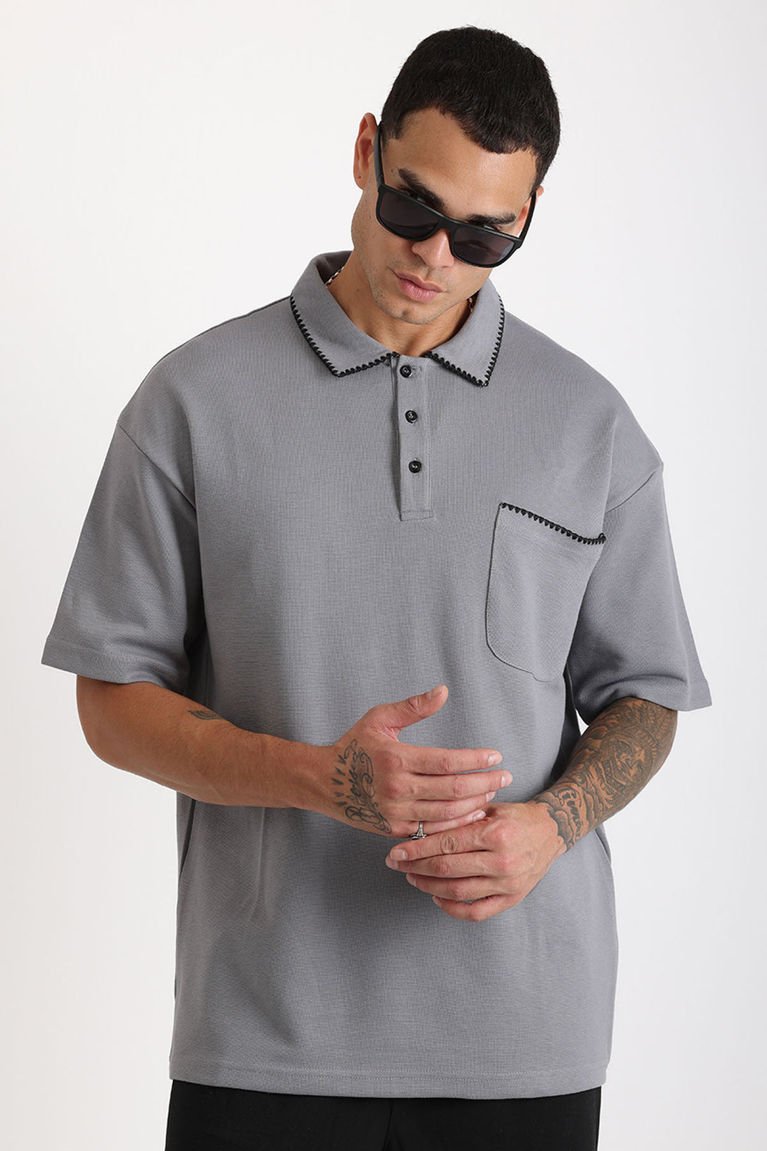 Yaka ve Cep Çoban Dikiş Detaylı Double Pike Kumaş Loose Fit Erkek Polo Yaka Tişört