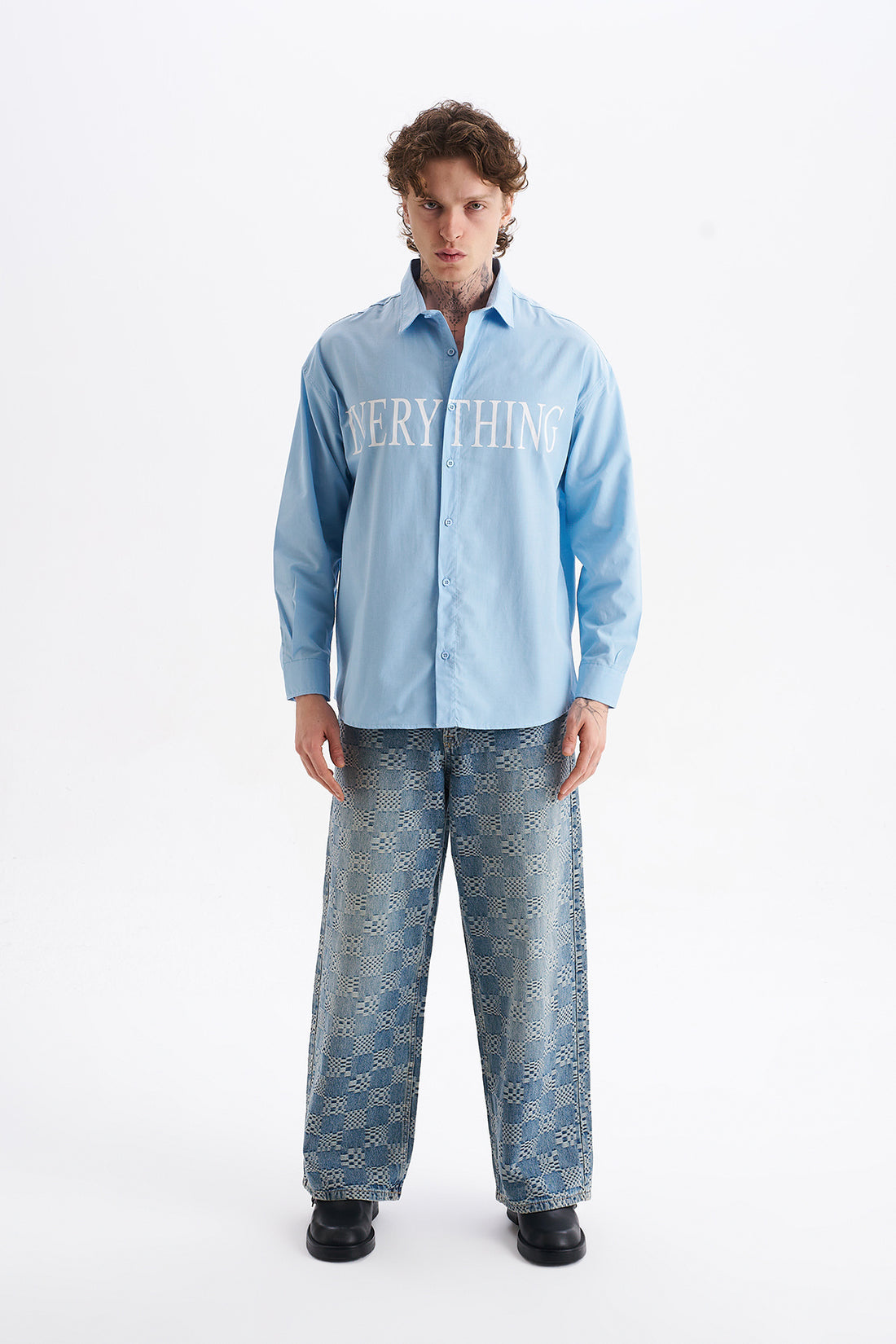 Poplin Kumaş, Rahat Kalıp Düşük Omuz, Erkek EVERYTHING Baskılı Gömlek, Men's Shirt