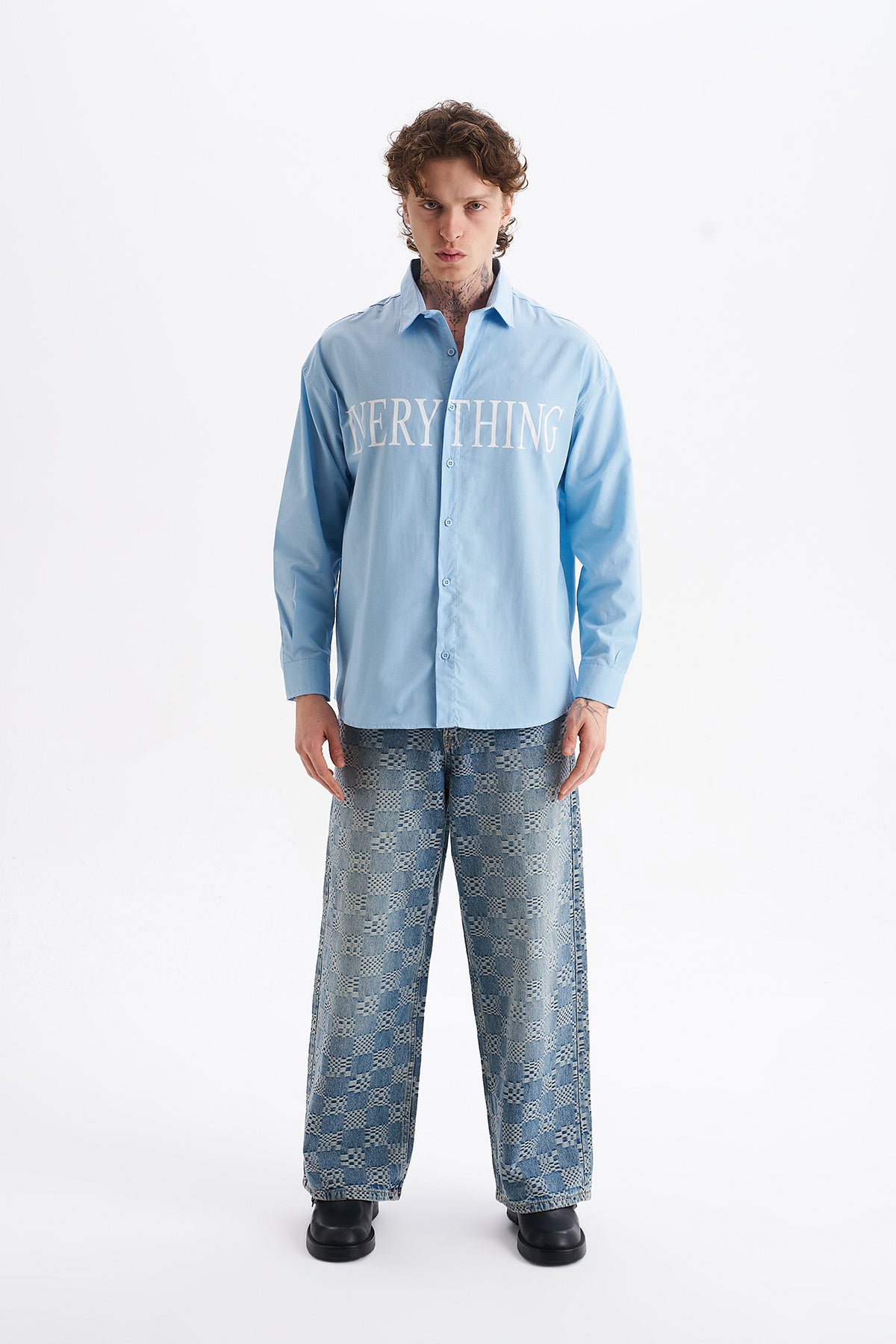 Poplin Kumaş, Rahat Kalıp Düşük Omuz, Erkek EVERYTHING Baskılı Gömlek, Men's Shirt | Renk: Çok Renkli