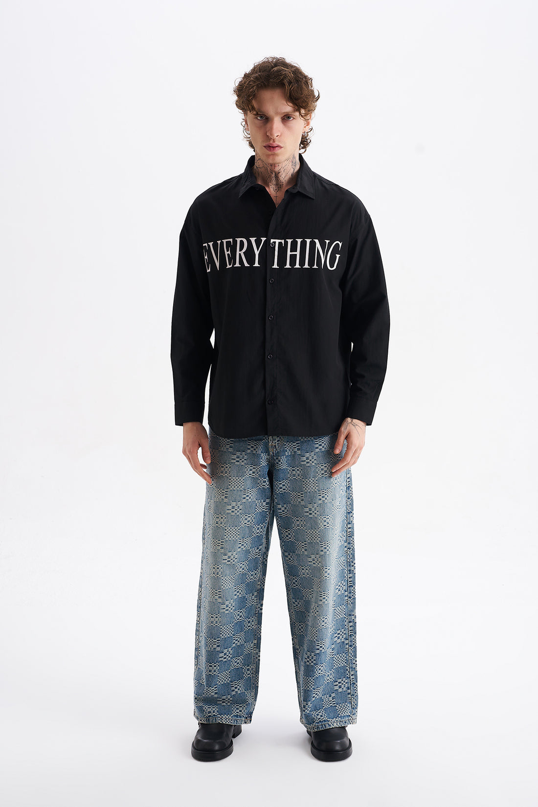 Poplin Kumaş, Rahat Kalıp Düşük Omuz, Erkek EVERYTHING Baskılı Gömlek, Men's Shirt