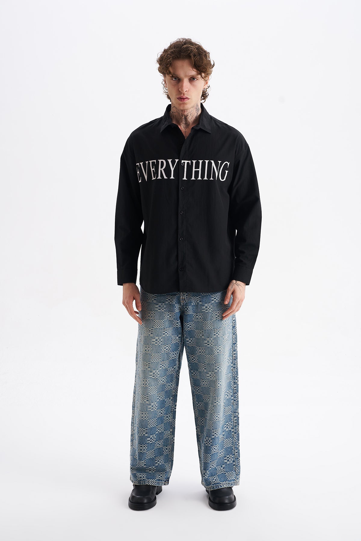 Poplin Kumaş, Rahat Kalıp Düşük Omuz, Erkek EVERYTHING Baskılı Gömlek, Men's Shirt | Renk: Siyah