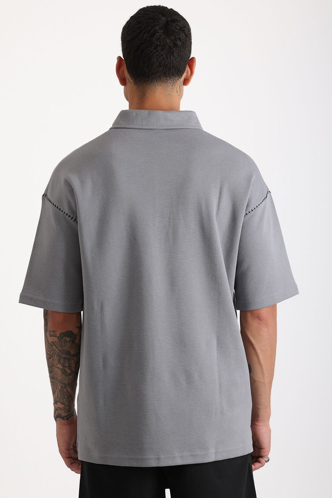 Omuz Çoban Dikiş Detaylı Double Pike Kumaş Loose Fit Erkek Polo Yaka Tişört