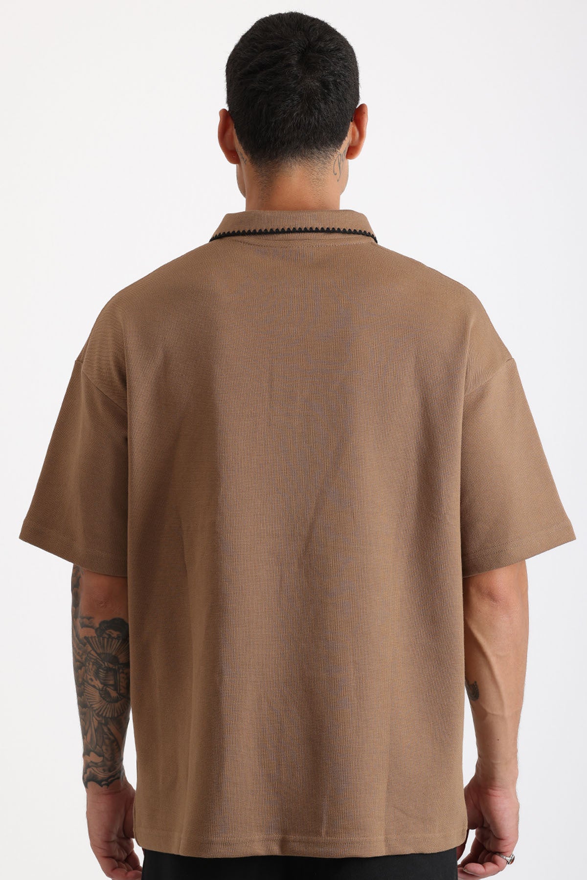 Yaka ve Cep Çoban Dikiş Detaylı Double Pike Kumaş Loose Fit Erkek Polo Yaka Tişört | Renk: Kahverengi