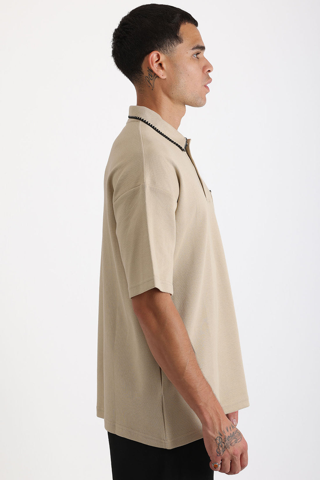 Yaka ve Cep Çoban Dikiş Detaylı Double Pike Kumaş Loose Fit Erkek Polo Yaka Tişört