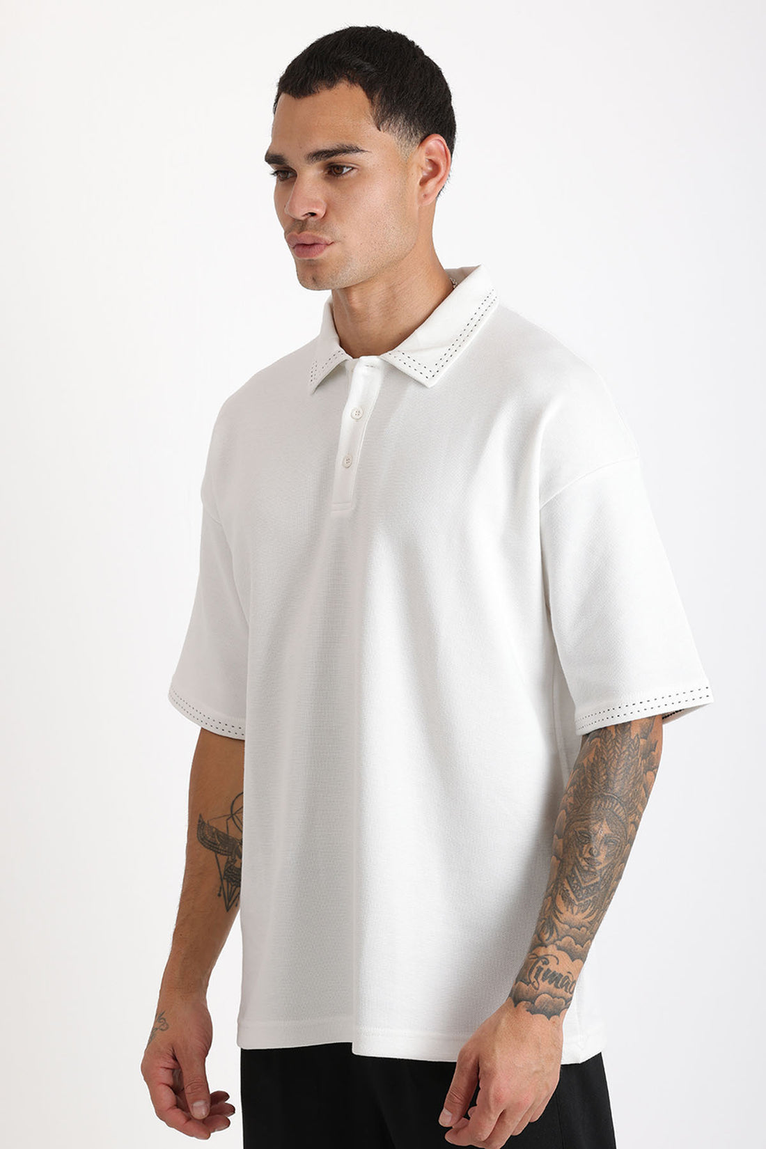 Yaka ve Kol Dikiş Detaylı Double Pike Kumaş Loose Fit Erkek Polo Yaka Tişört
