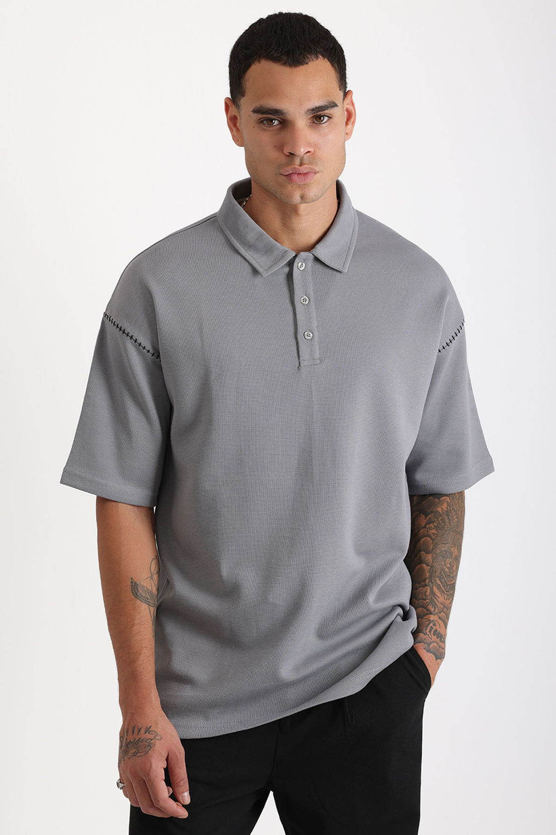 Omuz Çoban Dikiş Detaylı Double Pike Kumaş Loose Fit Erkek Polo Yaka Tişört