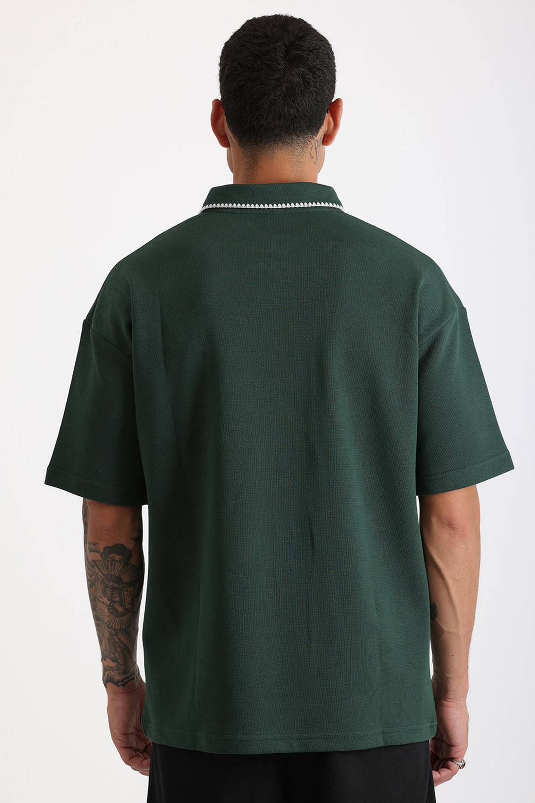 Yaka ve Cep Çoban Dikiş Detaylı Double Pike Kumaş Loose Fit Erkek Polo Yaka Tişört