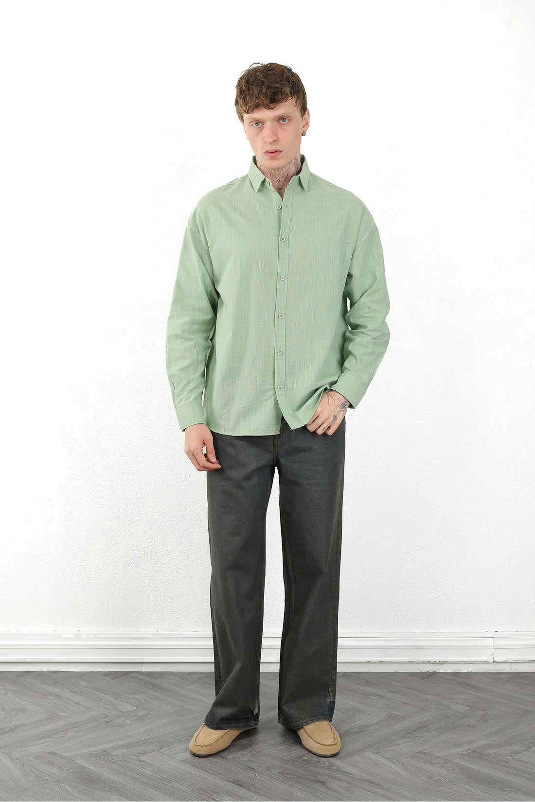 Keten Görünümlü %100 Pamuk Rahat Kalıp Düşük Omuz Erkek Sade Gömlek, Men's Plain Shirt