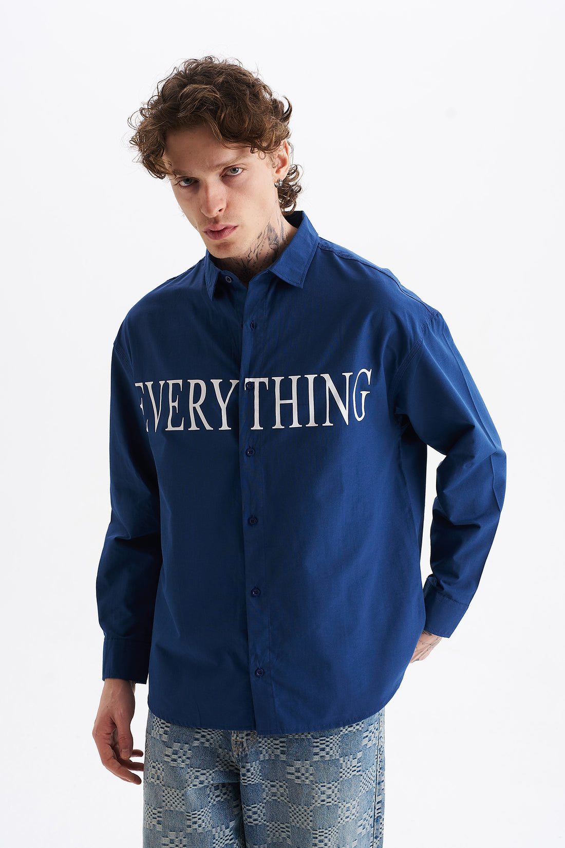 Poplin Kumaş, Rahat Kalıp Düşük Omuz, Erkek EVERYTHING Baskılı Gömlek, Men's Shirt