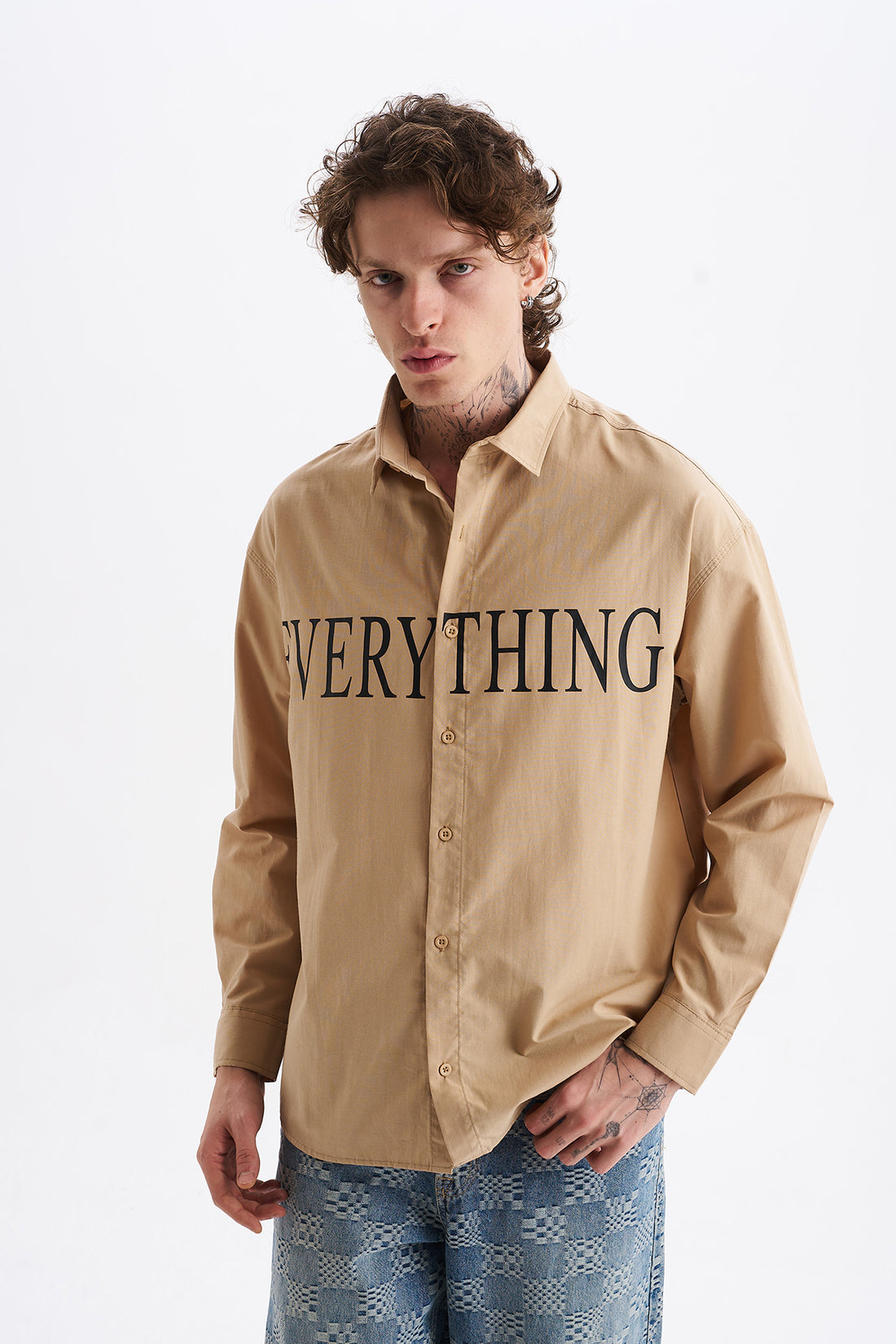 Poplin Kumaş, Rahat Kalıp Düşük Omuz, Erkek EVERYTHING Baskılı Gömlek, Men's Shirt