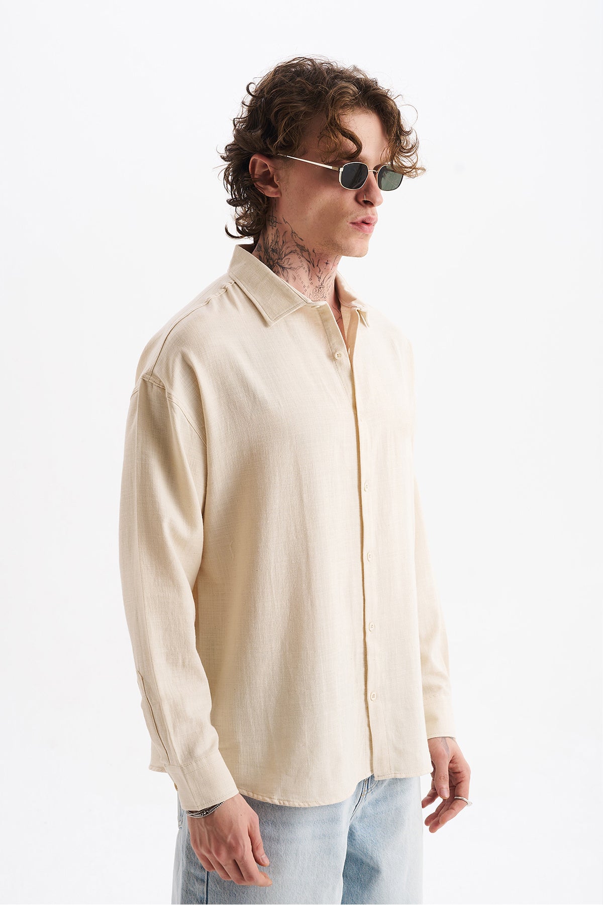 Keten Karışımlı %100 Pamuk Rahat Kalıp Düşük Omuz Erkek Sade Gömlek, Men's Plain Shirt | Renk: Naturel