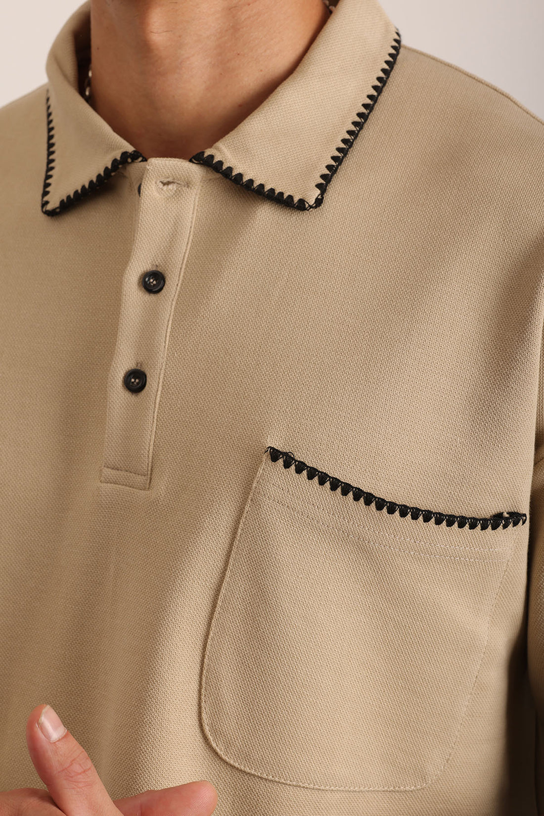 Yaka ve Cep Çoban Dikiş Detaylı Double Pike Kumaş Loose Fit Erkek Polo Yaka Tişört