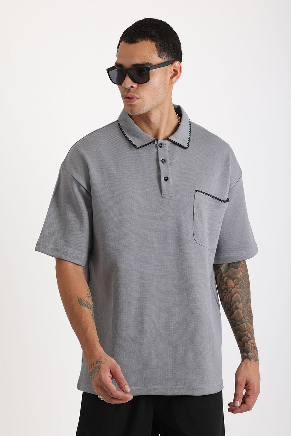 Yaka ve Cep Çoban Dikiş Detaylı Double Pike Kumaş Loose Fit Erkek Polo Yaka Tişört