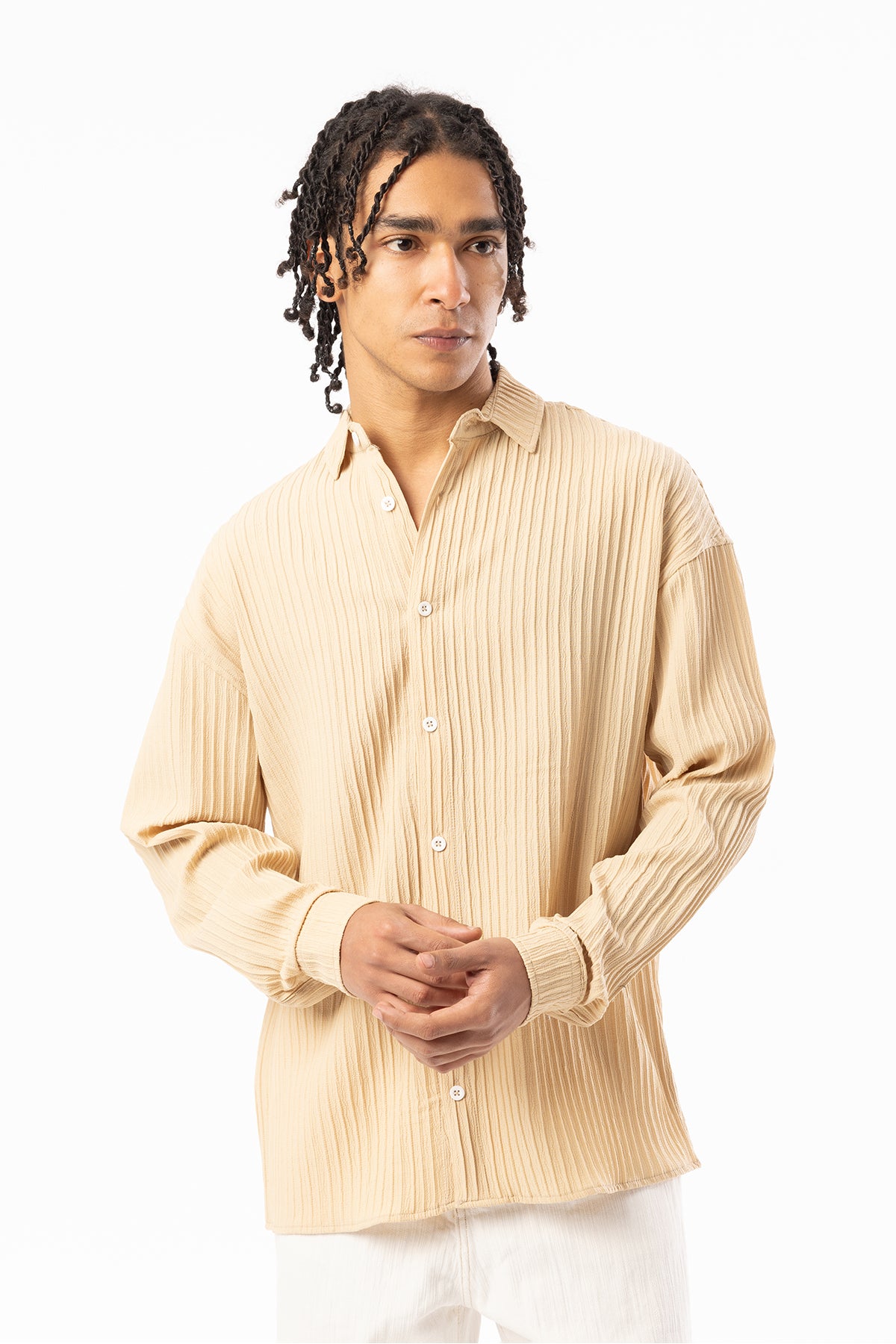 Kalın Örgülü Fitilli Kumaş Erkek Uzun Kollu Gömlek, Men's Long Sleeve Shirt | Renk: Bej