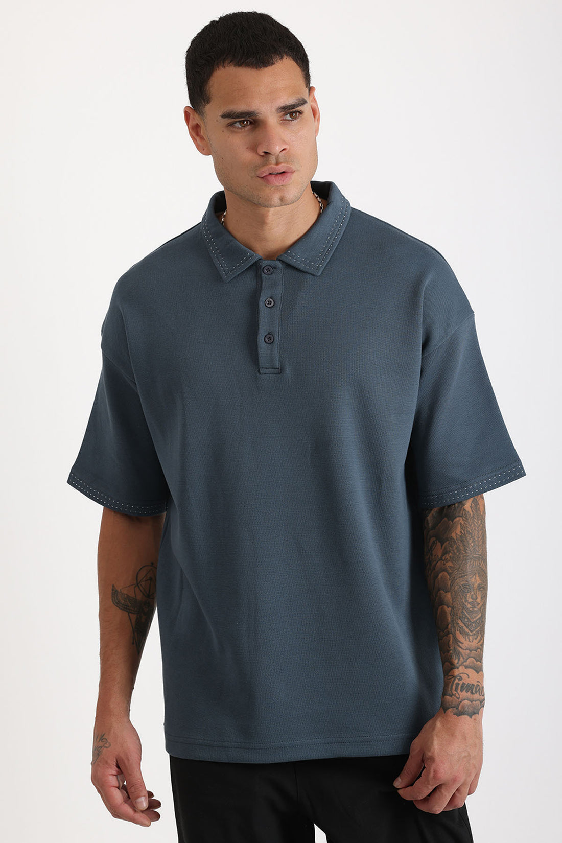 Yaka ve Kol Dikiş Detaylı Double Pike Kumaş Loose Fit Erkek Polo Yaka Tişört