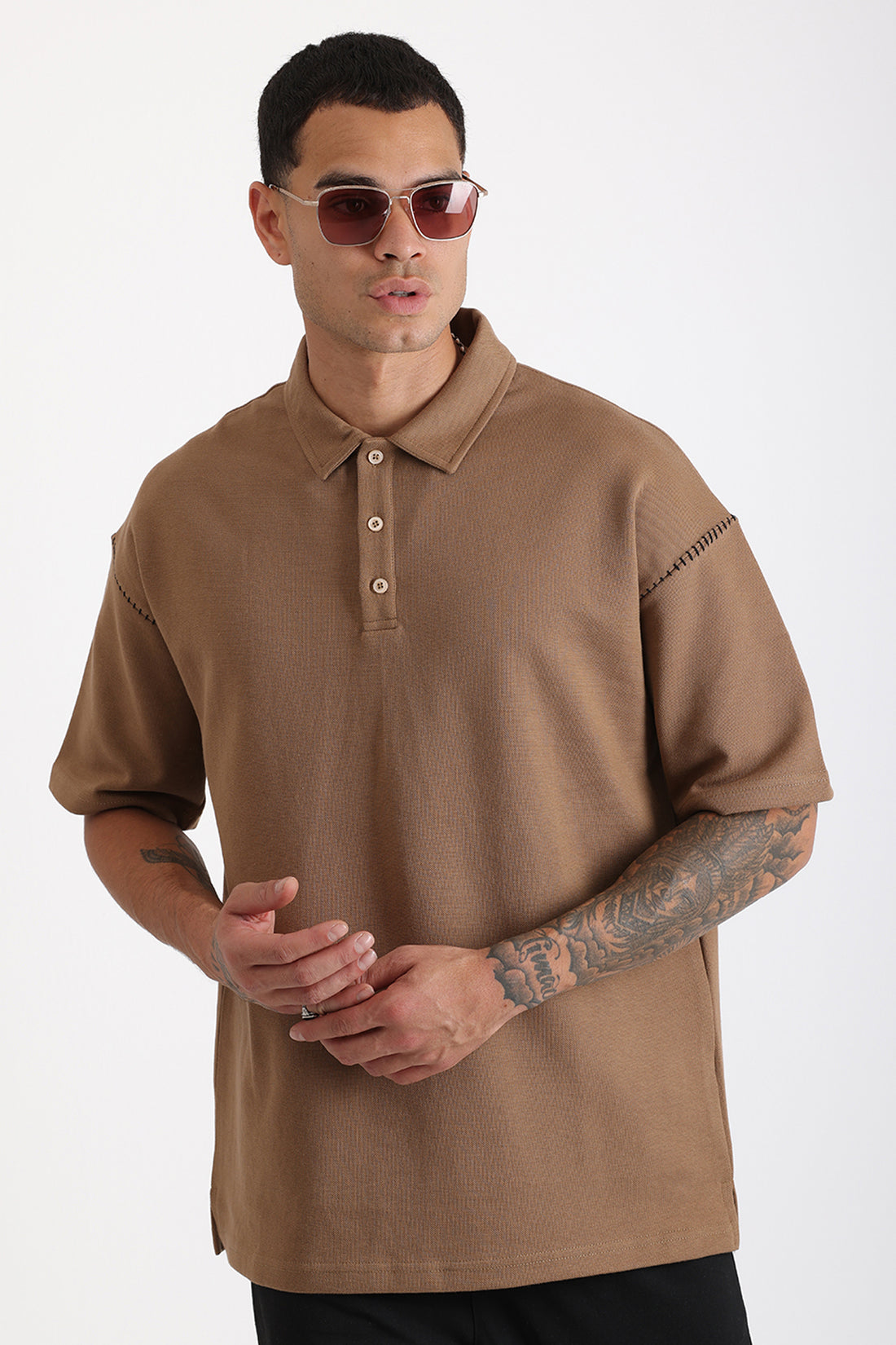 Omuz Çoban Dikiş Detaylı Double Pike Kumaş Loose Fit Erkek Polo Yaka Tişört
