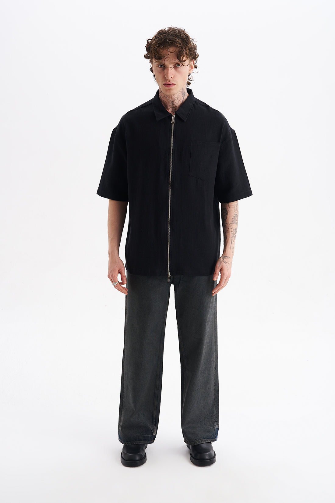 Keten Karışımlı, Rahat Kalıp, Düşük Omuz, Erkek Fermuar Kapamalı Sade Gömlek, Men's Plain Shirt