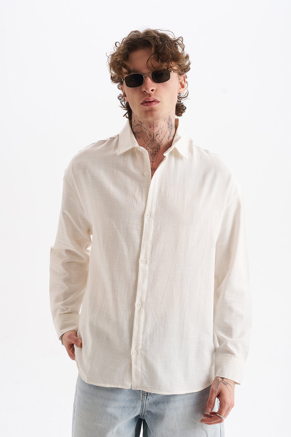 Keten Karışımlı %100 Pamuk Rahat Kalıp Düşük Omuz Erkek Sade Gömlek, Men's Plain Shirt | Renk: Ekru - Ecru