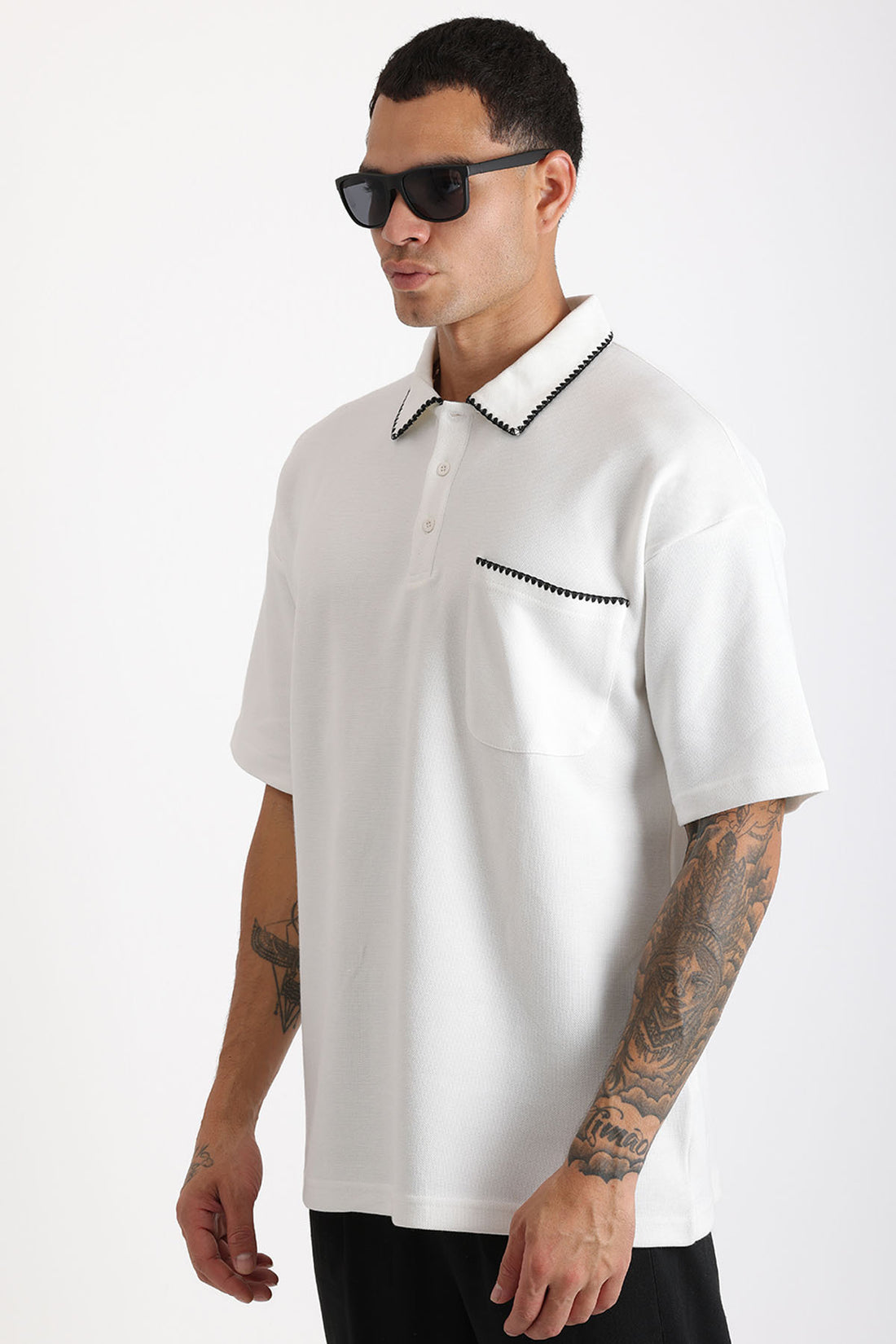 Yaka ve Cep Çoban Dikiş Detaylı Double Pike Kumaş Loose Fit Erkek Polo Yaka Tişört