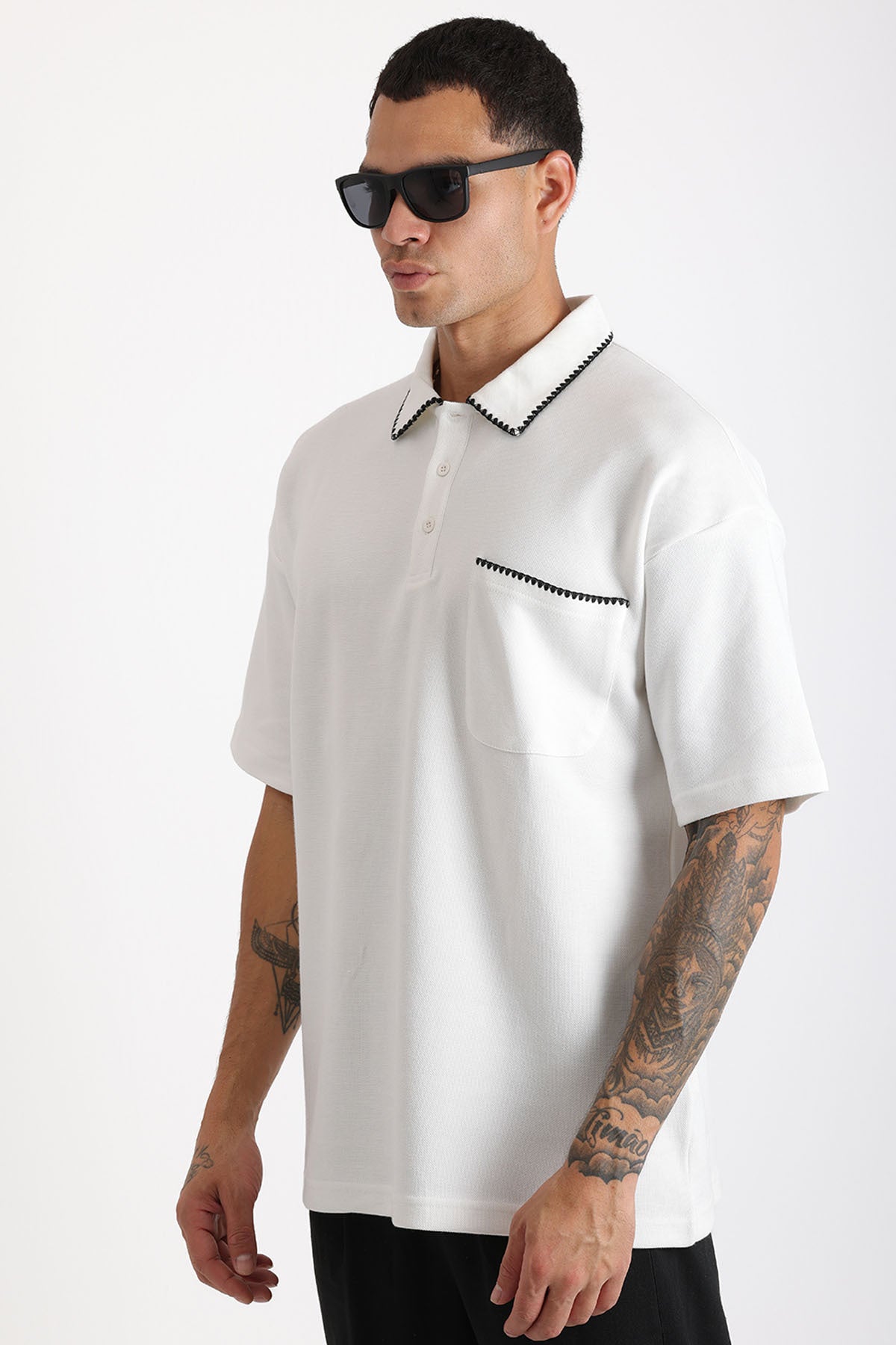 Yaka ve Cep Çoban Dikiş Detaylı Double Pike Kumaş Loose Fit Erkek Polo Yaka Tişört | Renk: Ekru
