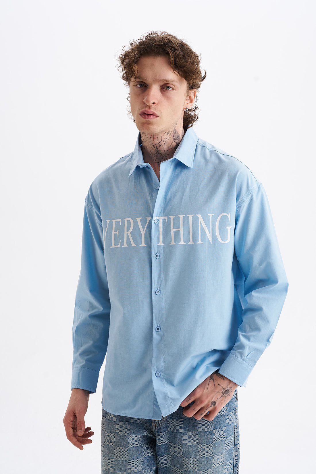 Poplin Kumaş, Rahat Kalıp Düşük Omuz, Erkek EVERYTHING Baskılı Gömlek, Men's Shirt