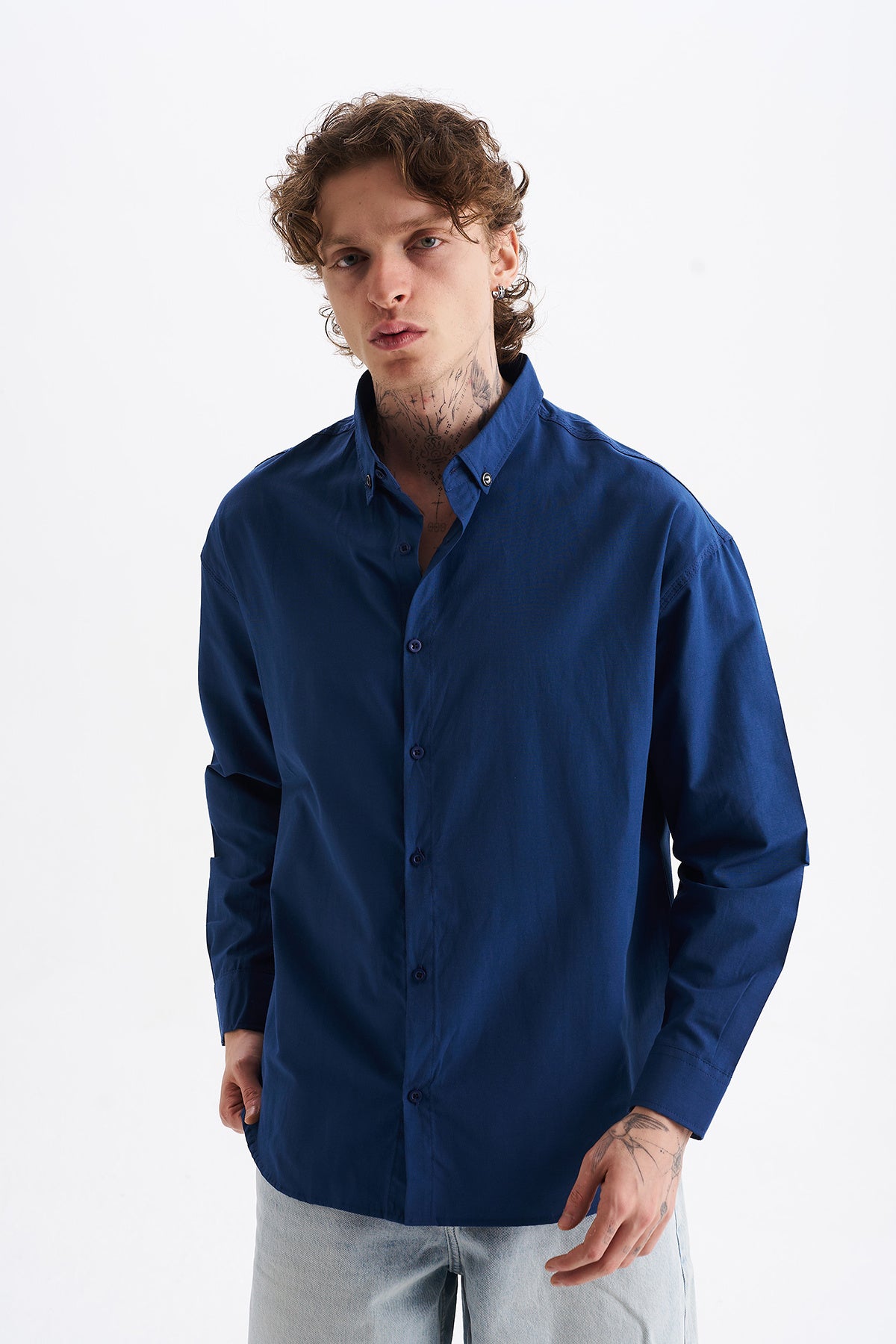 Poplin Kumaş, Rahat Kalıp Düşük Omuz, Erkek Sade Gömlek, Men's Plain Shirt | Renk: Lacivert