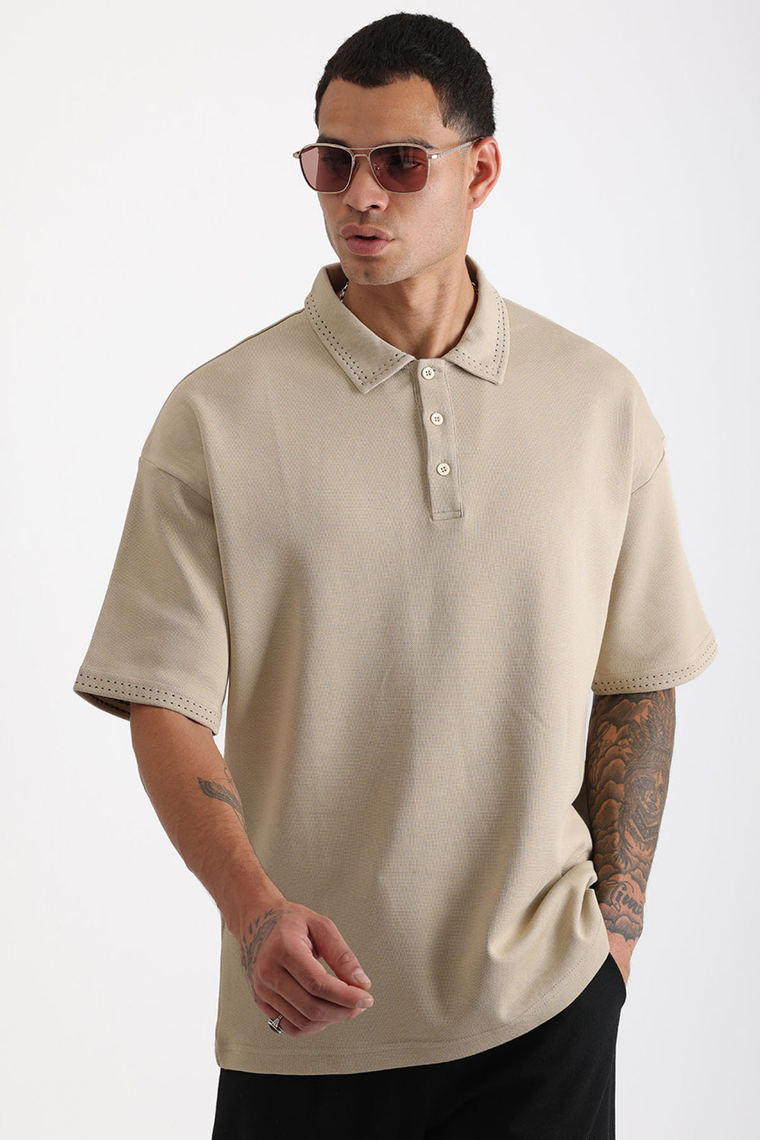 Yaka ve Kol Dikiş Detaylı Double Pike Kumaş Loose Fit Erkek Polo Yaka Tişört