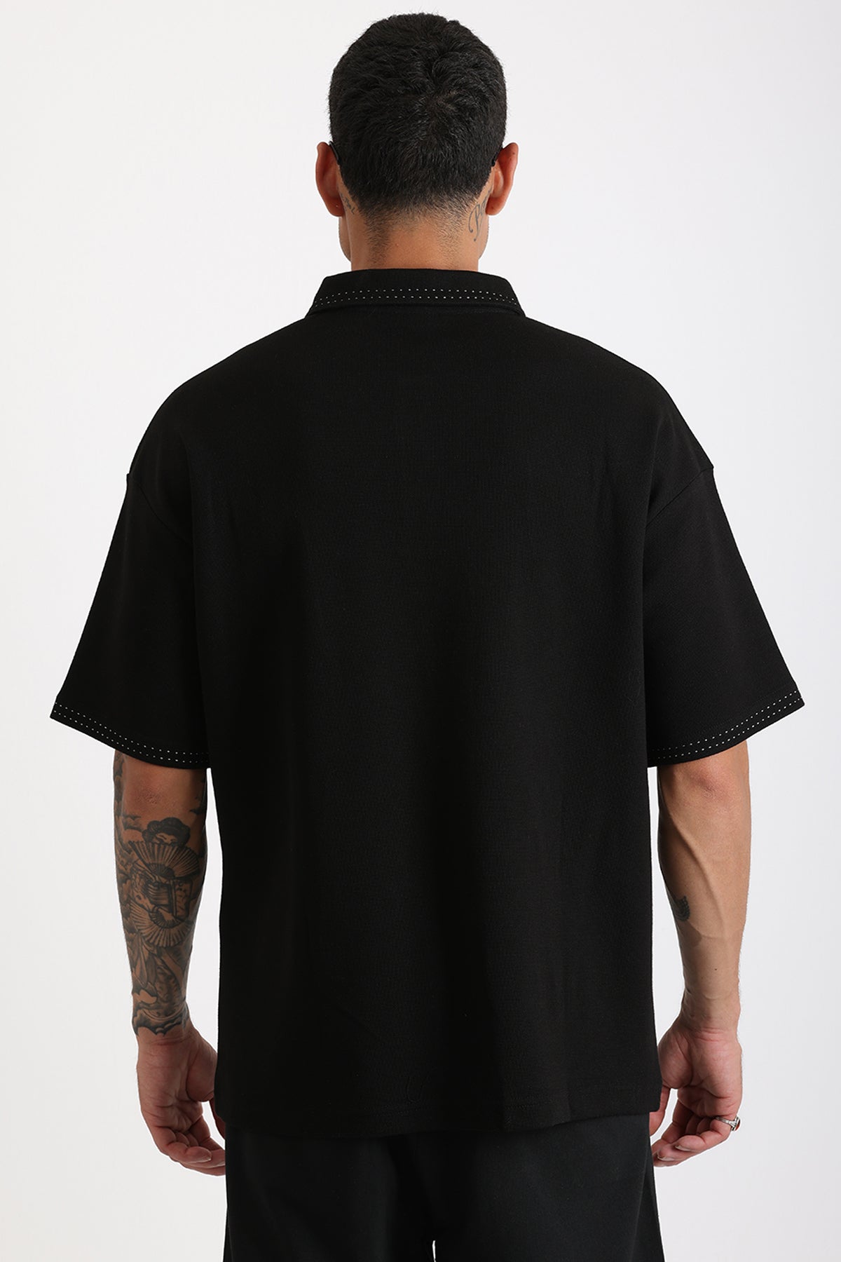 Yaka ve Kol Dikiş Detaylı Double Pike Kumaş Loose Fit Erkek Polo Yaka Tişört | Renk: Siyah