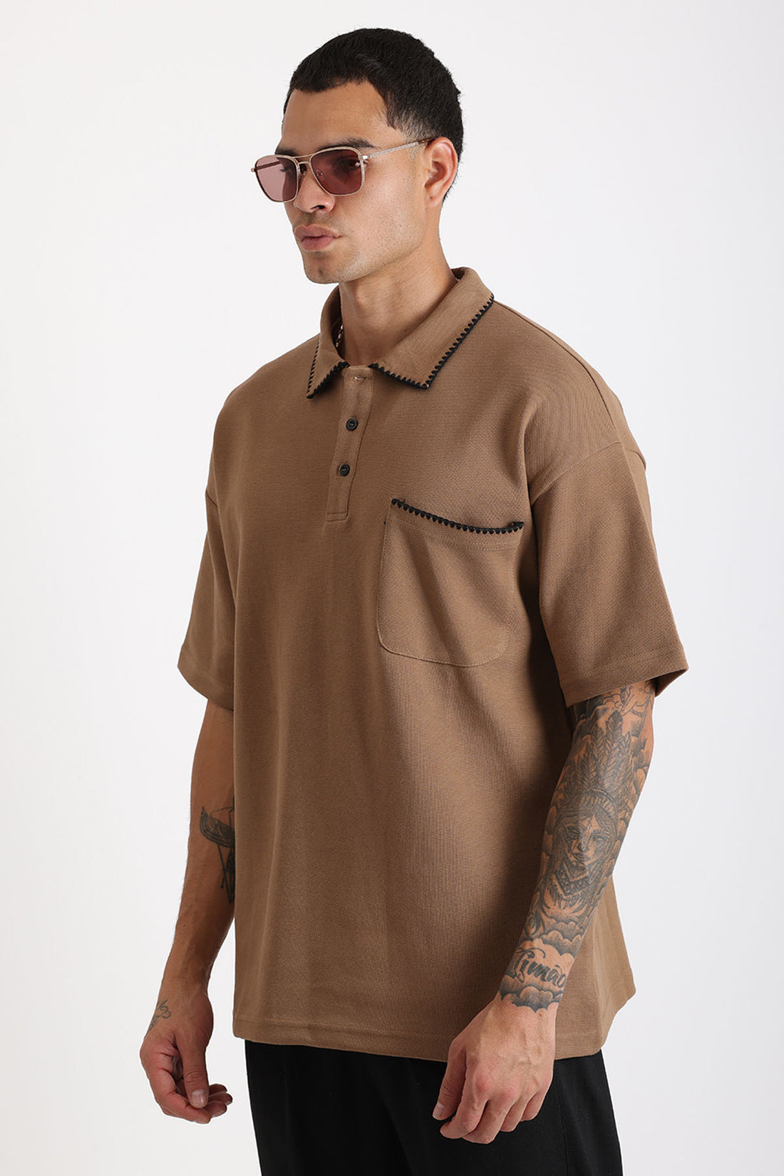 Yaka ve Cep Çoban Dikiş Detaylı Double Pike Kumaş Loose Fit Erkek Polo Yaka Tişört