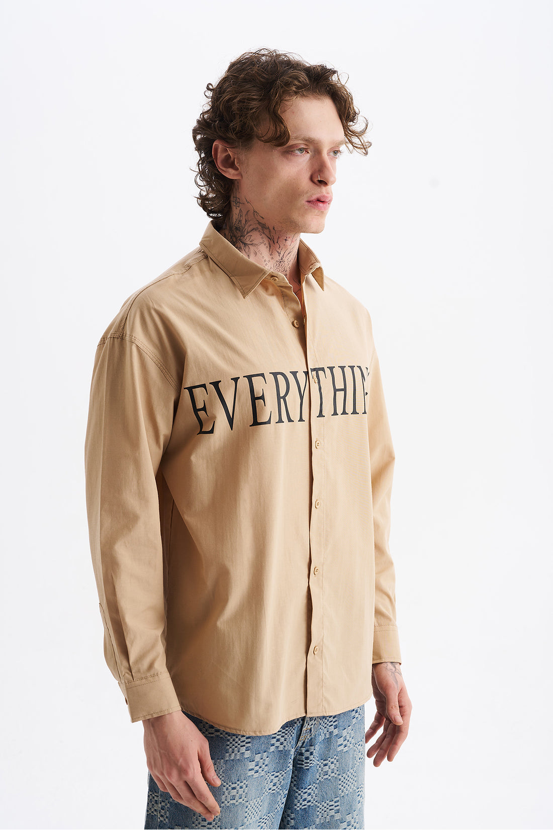 Poplin Kumaş, Rahat Kalıp Düşük Omuz, Erkek EVERYTHING Baskılı Gömlek, Men's Shirt