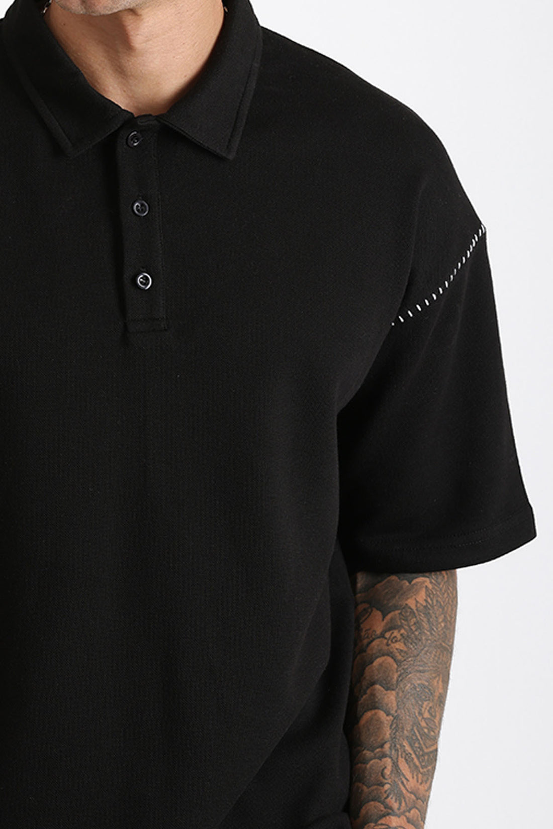 Omuz Çoban Dikiş Detaylı Double Pike Kumaş Loose Fit Erkek Polo Yaka Tişört
