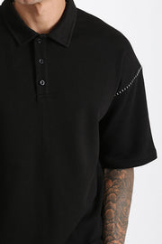 Omuz Çoban Dikiş Detaylı Double Pike Kumaş Loose Fit Erkek Polo Yaka Tişört | Renk: Siyah