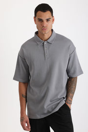 Omuz Çoban Dikiş Detaylı Double Pike Kumaş Loose Fit Erkek Polo Yaka Tişört | Renk: Gri