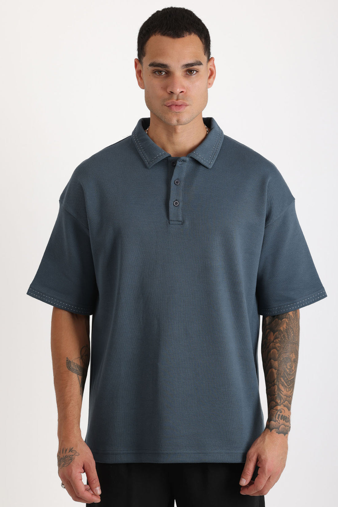Yaka ve Kol Dikiş Detaylı Double Pike Kumaş Loose Fit Erkek Polo Yaka Tişört