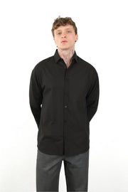 Keten Görünümlü %100 Pamuk Rahat Kalıp Düşük Omuz Erkek Sade Gömlek, Men's Plain Shirt | Renk: Siyah