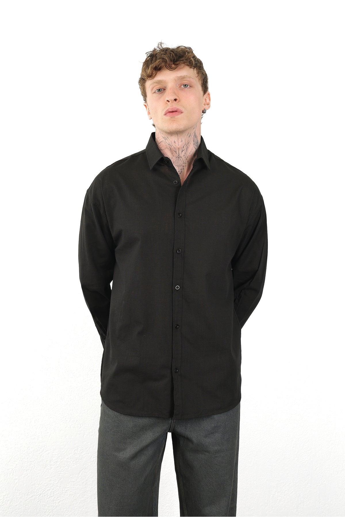 Keten Görünümlü %100 Pamuk Rahat Kalıp Düşük Omuz Erkek Sade Gömlek, Men's Plain Shirt | Renk: Siyah